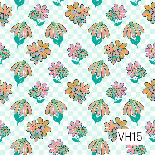 A whimsical floral pattern featuring hand-sketched blooms in soft shades of pink, peach, aqua, and yellow scattered across a light aqua and cream mini checkerboard background. The playful, painterly style and cheerful pastel palette create a fresh, vintage-inspired design full of charm.
