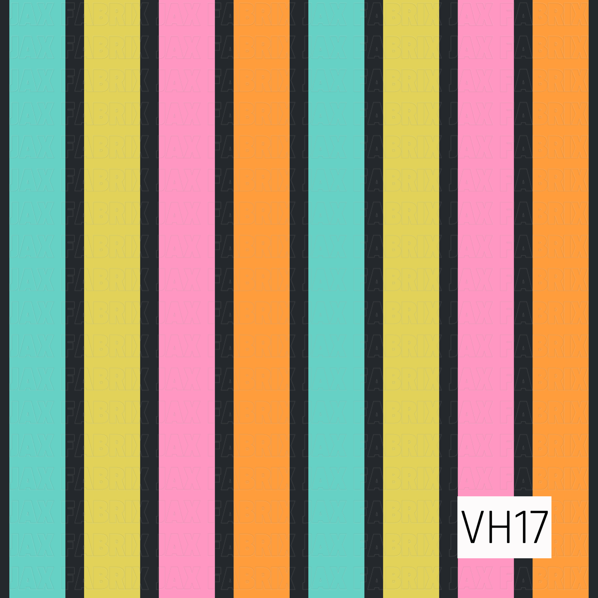 Bold vertical stripes in aqua, yellow, pink, orange, and charcoal create a fun, retro-inspired coordinate with a playful pop of color. This vibrant pattern adds a classic touch while pairing perfectly with a wide variety of colorful designs.
