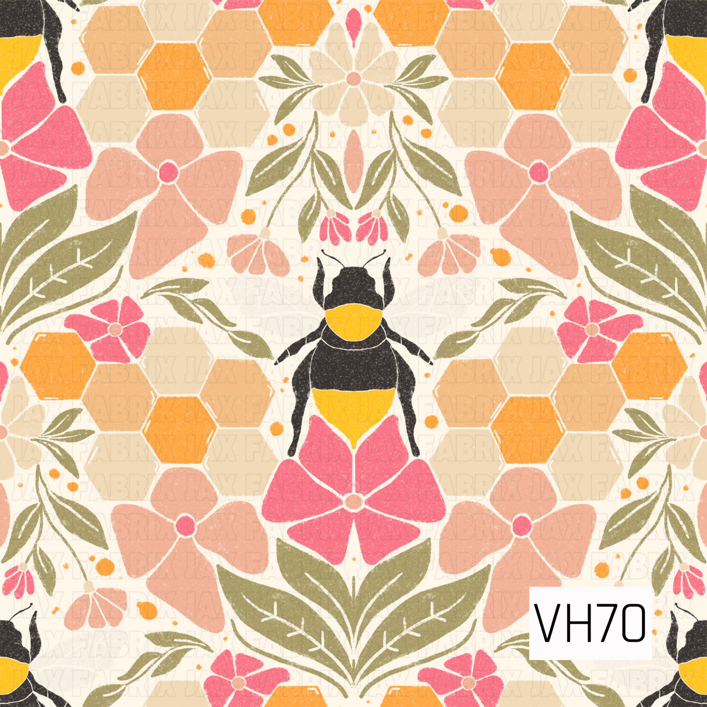 A vintage-inspired bee print with honeycomb details, bold pink and peach flowers, olive green leaves, and warm golden accents on a soft cream background.
