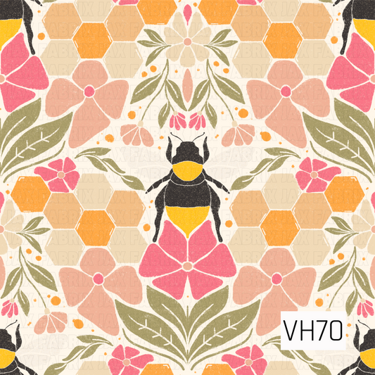 A vintage-inspired bee print with honeycomb details, bold pink and peach flowers, olive green leaves, and warm golden accents on a soft cream background.
