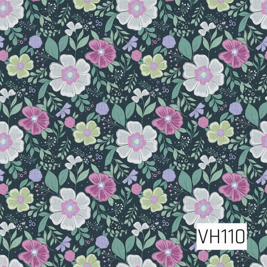 A beautiful vintage-inspired floral pattern featuring large, layered blossoms in soft ivory, dusty mauve, lavender, and pale sage green against a deep charcoal navy background with a subtle woven texture. Smaller pink and lavender roses, delicate white flowers, leafy sage green branches, and tiny berry accents fill the spaces between the larger blooms. The soft pastel colors, lush greenery, and rich dark background create a charming, romantic botanical design with a cozy, timeless feel.