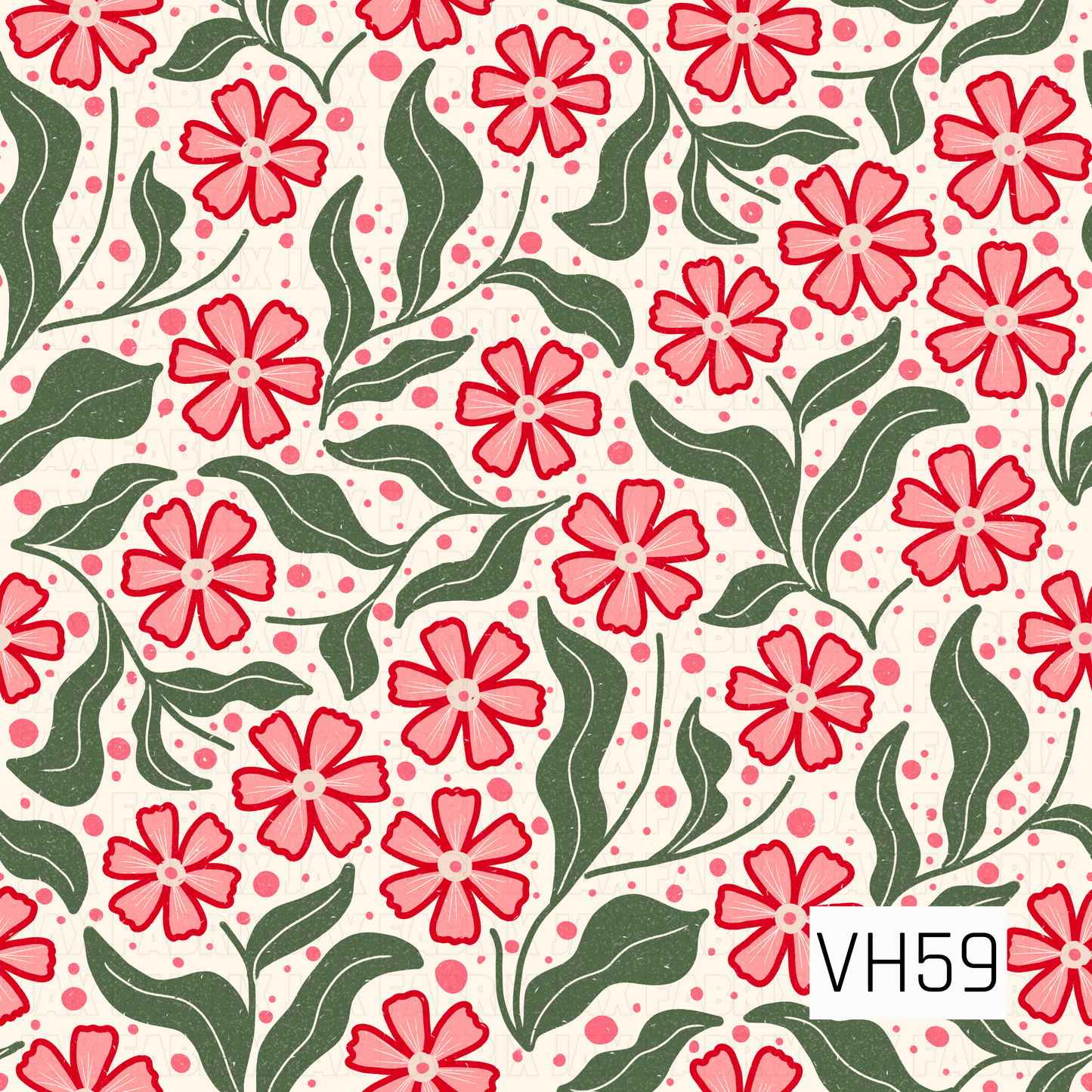 A bold retro floral featuring playful pink blooms outlined in vibrant red, surrounded by sweeping deep green leaves. Scattered pink dots add a fun, confetti-like touch against the creamy ivory background, while subtle distressed texture gives the design a charming hand-drawn, vintage-inspired feel.
