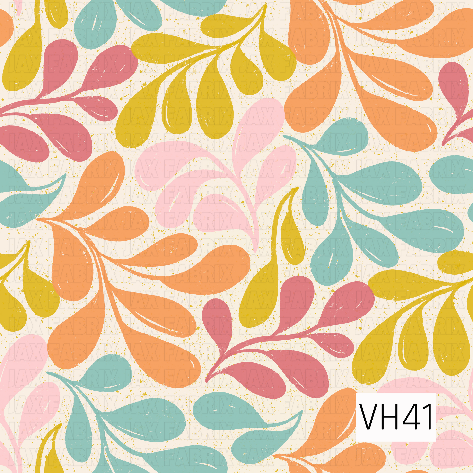 A playful retro botanical print featuring oversized leafy sprigs in warm coral, mustard yellow, blush pink, dusty rose, and soft teal. The colorful foliage is scattered across a creamy ivory background with tiny golden speckles and a lightly distressed texture, giving the design a charming vintage, hand-painted feel.
