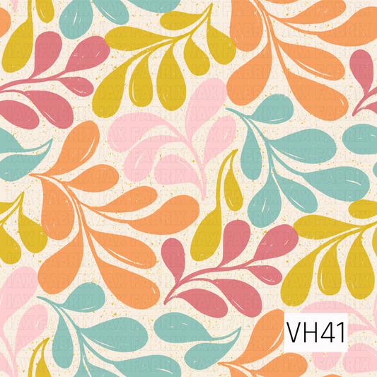 A playful retro botanical print featuring oversized leafy sprigs in warm coral, mustard yellow, blush pink, dusty rose, and soft teal. The colorful foliage is scattered across a creamy ivory background with tiny golden speckles and a lightly distressed texture, giving the design a charming vintage, hand-painted feel.
