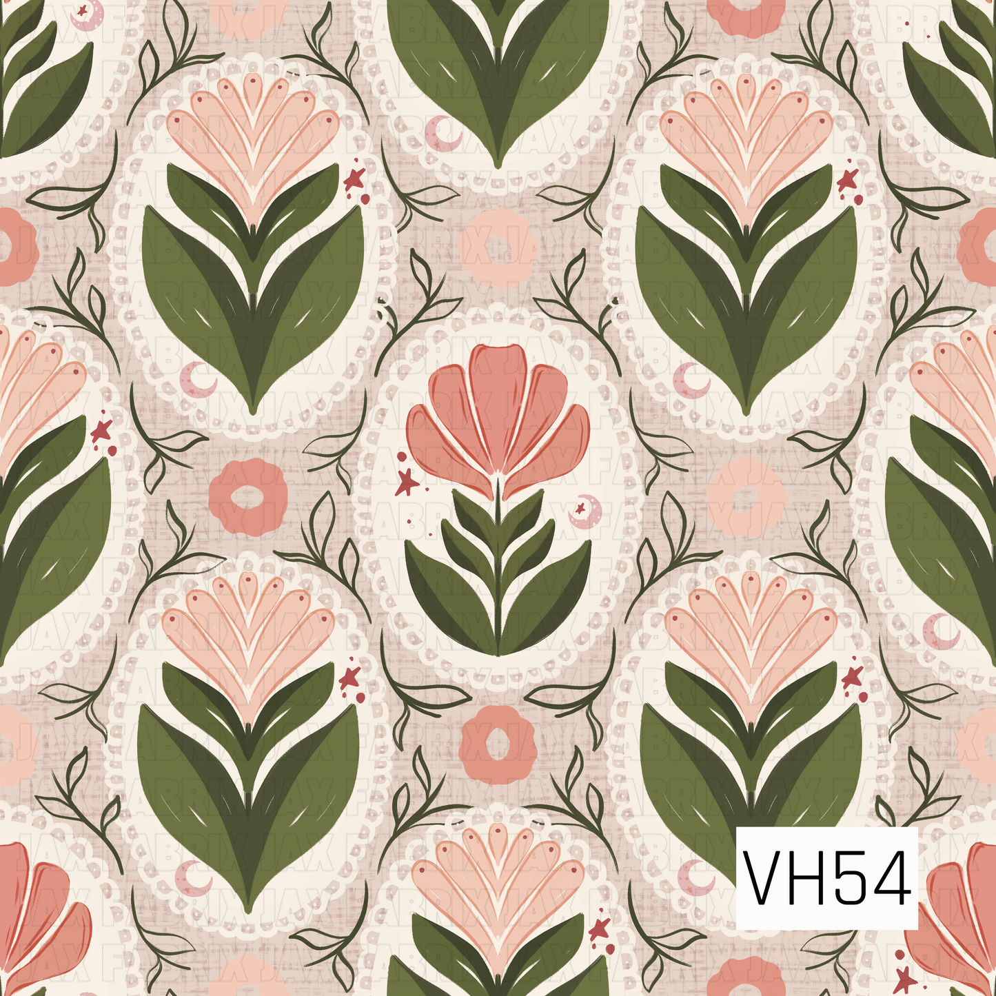 A whimsical vintage folk floral featuring stylized blush and coral blooms framed in delicate scalloped ivory medallions. Rich olive-green leaves and winding botanical vines are layered over a soft cream background with subtle distressed texture, creating a charming handcrafted look with cozy cottage and retro folk-art appeal.
