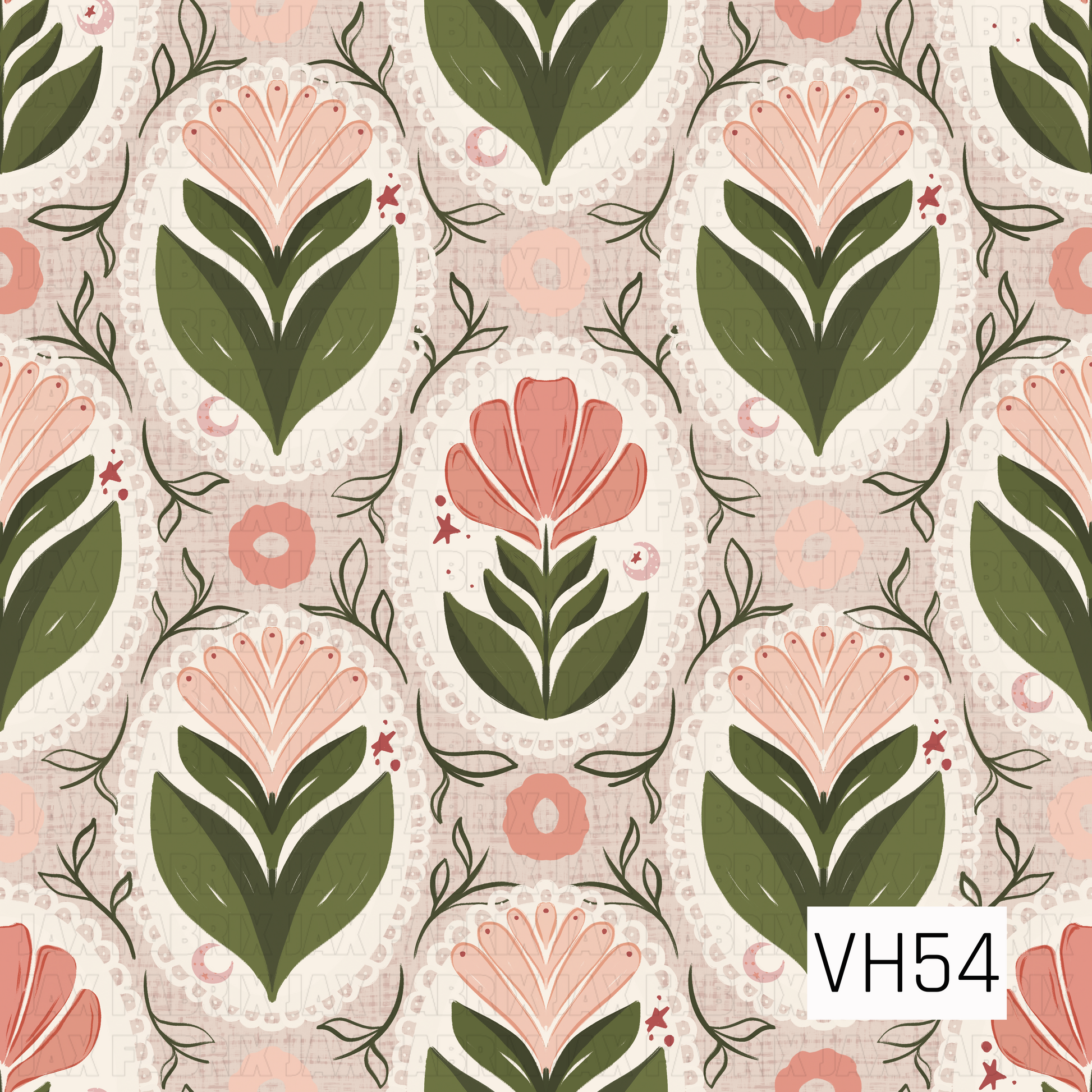 A whimsical vintage folk floral featuring stylized blush and coral blooms framed in delicate scalloped ivory medallions. Rich olive-green leaves and winding botanical vines are layered over a soft cream background with subtle distressed texture, creating a charming handcrafted look with cozy cottage and retro folk-art appeal.
