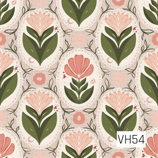 A whimsical vintage folk floral featuring stylized blush and coral blooms framed in delicate scalloped ivory medallions. Rich olive-green leaves and winding botanical vines are layered over a soft cream background with subtle distressed texture, creating a charming handcrafted look with cozy cottage and retro folk-art appeal.
