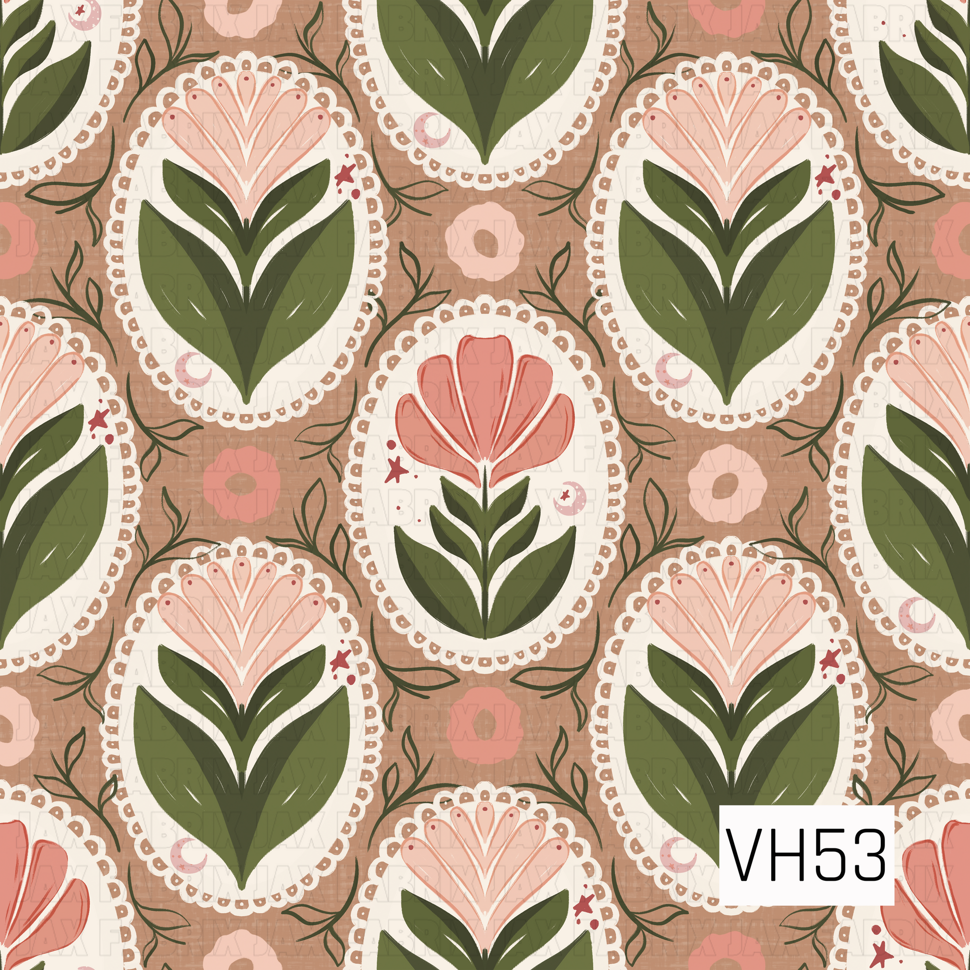 A whimsical vintage folk floral featuring stylized coral and blush blooms framed inside scalloped ivory medallions, surrounded by bold olive-green leaves and delicate botanical vines. Set against a warm textured brown background with scattered floral accents, the hand-drawn details and earthy palette give the design a cozy retro, cottage-inspired feel.
