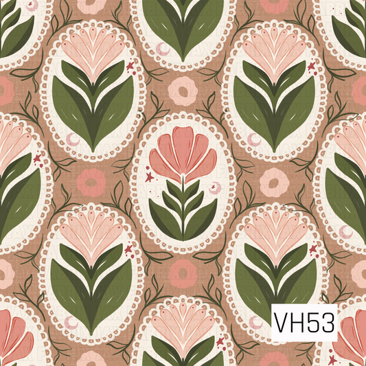 A whimsical vintage folk floral featuring stylized coral and blush blooms framed inside scalloped ivory medallions, surrounded by bold olive-green leaves and delicate botanical vines. Set against a warm textured brown background with scattered floral accents, the hand-drawn details and earthy palette give the design a cozy retro, cottage-inspired feel.

