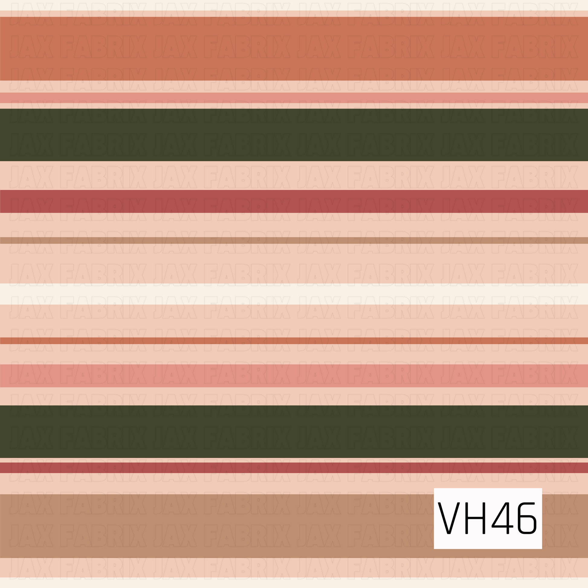 A warm retro stripe featuring a mix of wide and narrow horizontal bands in terracotta, dusty rose, soft peach, creamy ivory, warm tan, and deep olive green. The varied stripe widths and earthy muted palette create a cozy, vintage-inspired look with a modern boho feel.
