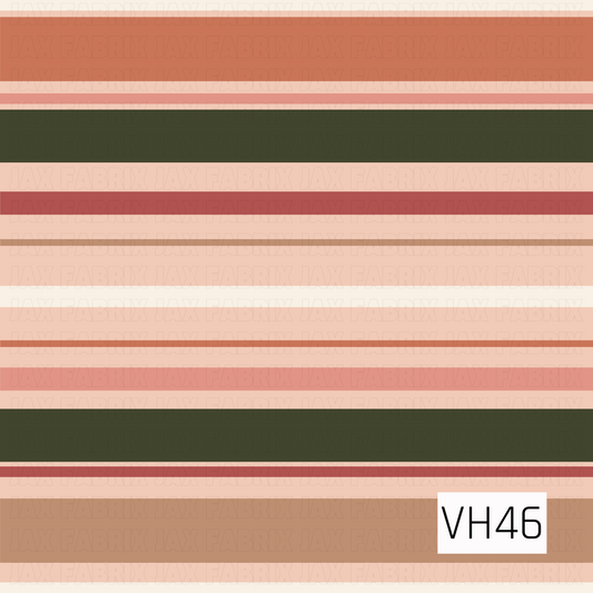 A warm retro stripe featuring a mix of wide and narrow horizontal bands in terracotta, dusty rose, soft peach, creamy ivory, warm tan, and deep olive green. The varied stripe widths and earthy muted palette create a cozy, vintage-inspired look with a modern boho feel.
