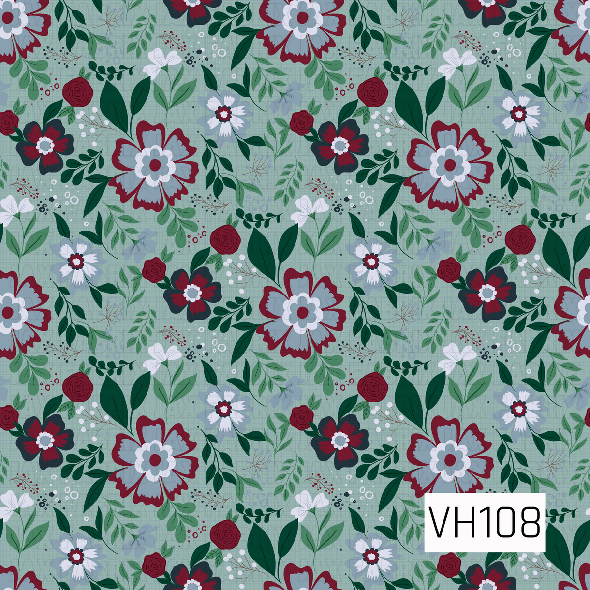 A beautiful vintage-inspired floral pattern featuring large layered blooms in deep burgundy, dusty blue, soft ivory, and charcoal against a muted sage green background with a subtle woven texture. Smaller burgundy roses, delicate white flowers, leafy green branches, and tiny berry accents fill the spaces between the larger blossoms. The rich jewel tones, soft blue accents, and lush greenery create an elegant, romantic botanical design with a cozy, timeless feel.