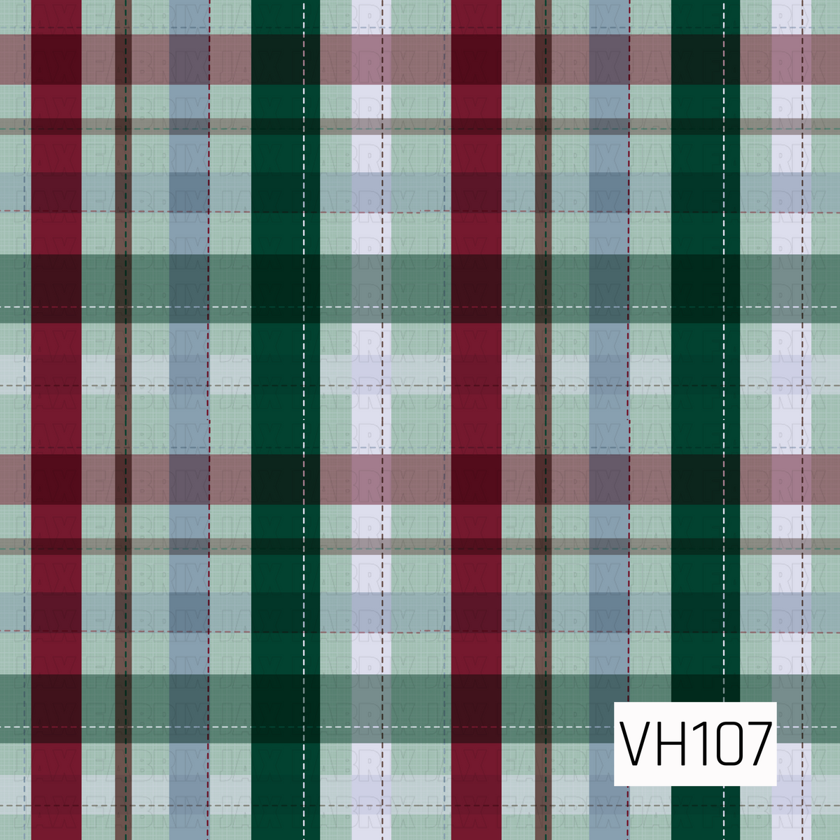 A classic holiday plaid pattern featuring bold intersecting stripes in deep forest green, rich burgundy red, muted sage, dusty blue, and soft ivory. The overlapping vertical and horizontal bands create a layered checkered design with subtle woven textures and delicate dashed accent lines. The combination of rich jewel tones and softer muted shades gives this timeless plaid a cozy, rustic feel with a charming vintage Christmas touch.