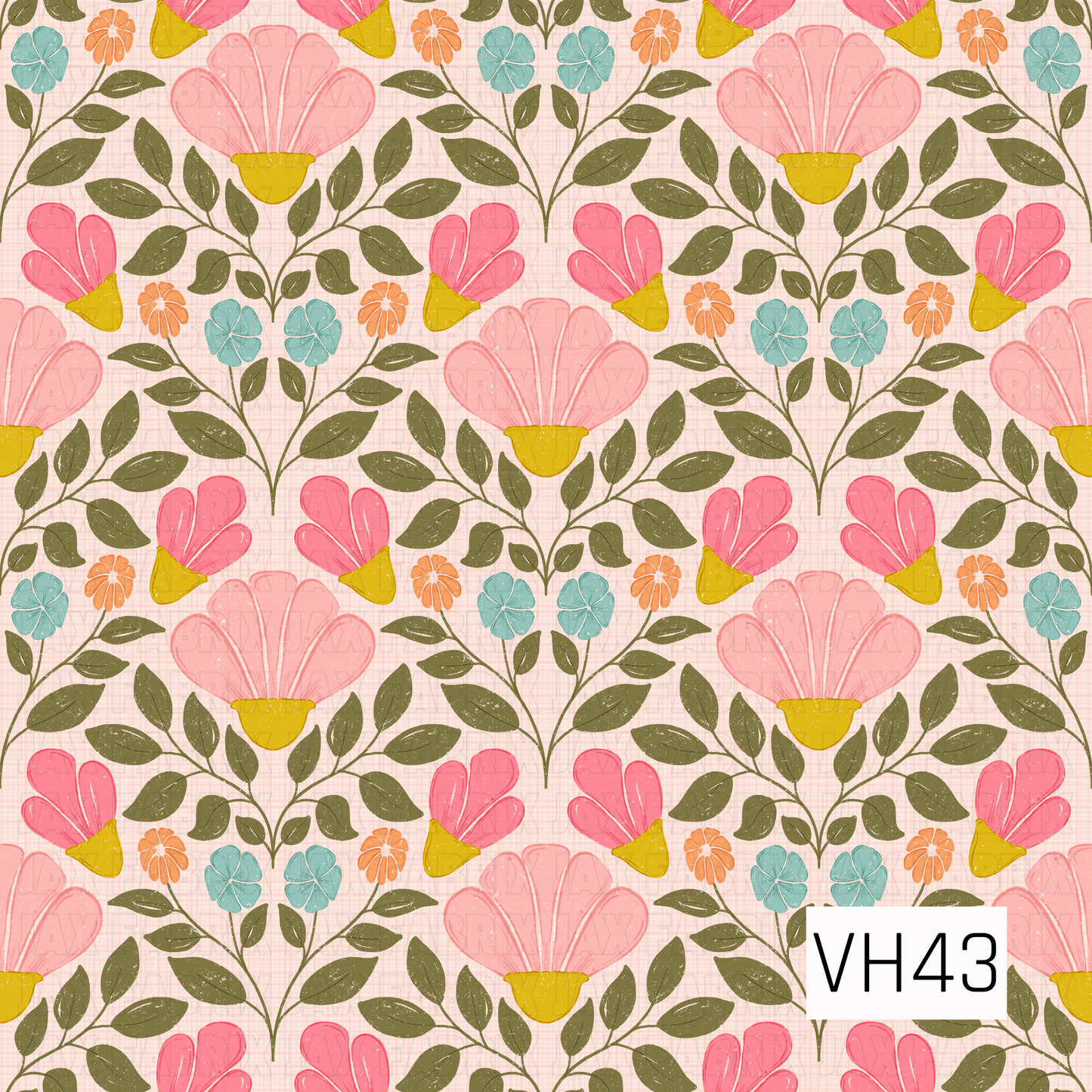 A charming retro folk floral featuring oversized pink and coral blooms surrounded by branching olive-green leaves, with pops of aqua blue and mustard yellow. Set against a soft blush plaid background, the hand-drawn shapes and lightly distressed texture give the design a playful, vintage 1970s-inspired feel.
