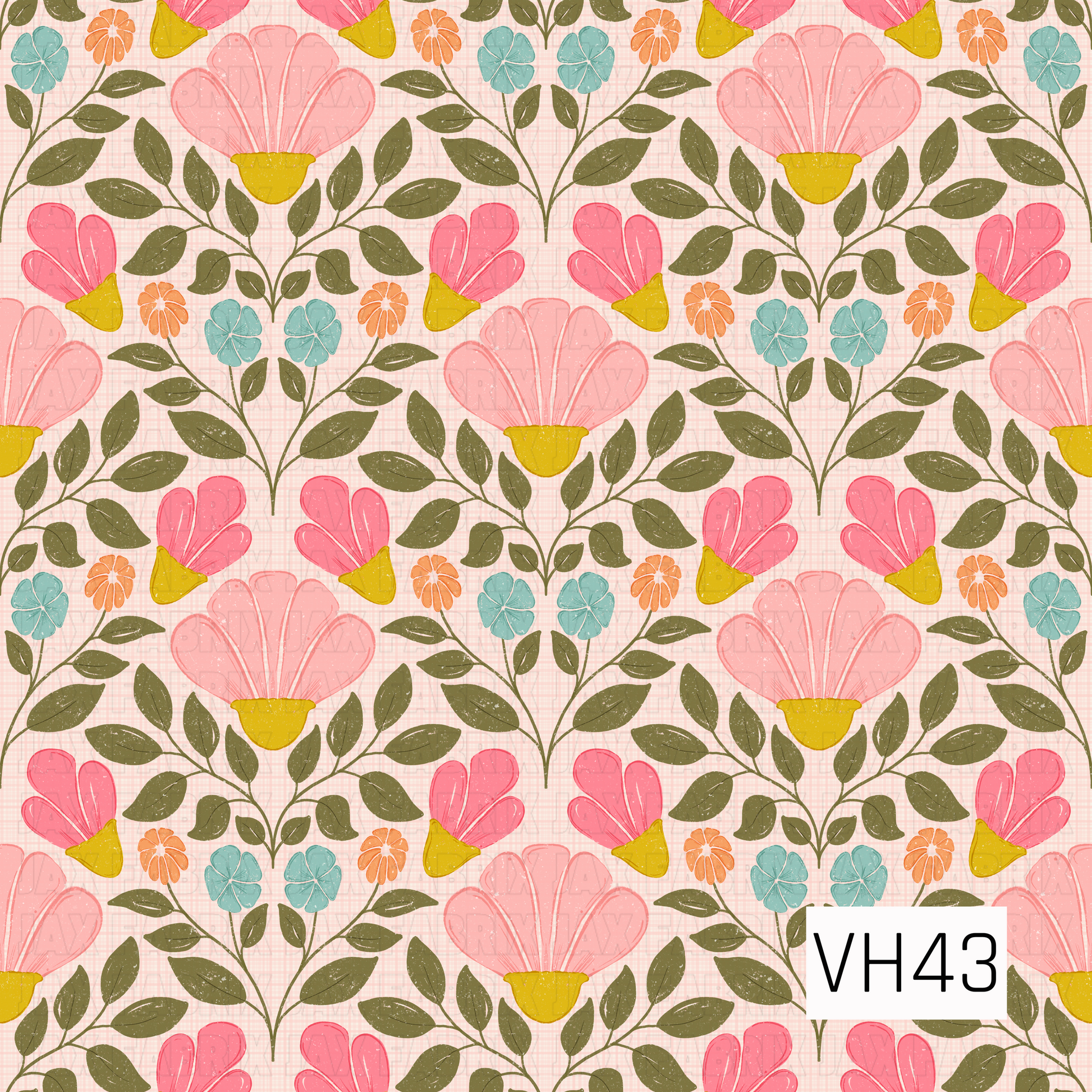 A charming retro folk floral featuring oversized pink and coral blooms surrounded by branching olive-green leaves, with pops of aqua blue and mustard yellow. Set against a soft blush plaid background, the hand-drawn shapes and lightly distressed texture give the design a playful, vintage 1970s-inspired feel.
