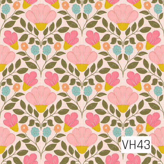 A charming retro folk floral featuring oversized pink and coral blooms surrounded by branching olive-green leaves, with pops of aqua blue and mustard yellow. Set against a soft blush plaid background, the hand-drawn shapes and lightly distressed texture give the design a playful, vintage 1970s-inspired feel.
