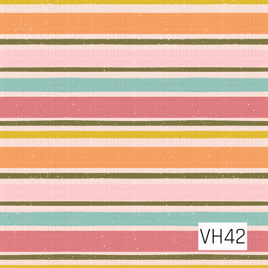 A playful vintage-inspired stripe featuring bold bands of coral, blush pink, aqua blue, mustard yellow, and earthy olive. Soft plaid accents and a distressed, speckled texture add a cozy retro feel, while the mix of wide and narrow stripes creates a fun, hand-painted look.
