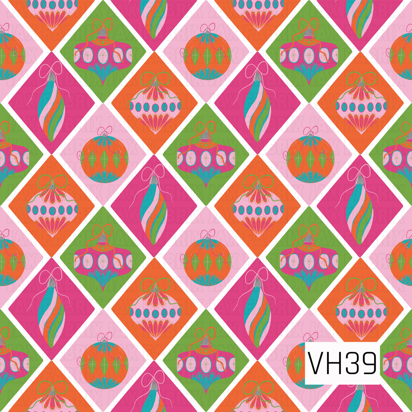 A playful holiday design featuring colorful vintage ornaments arranged in a bright diamond pattern.
