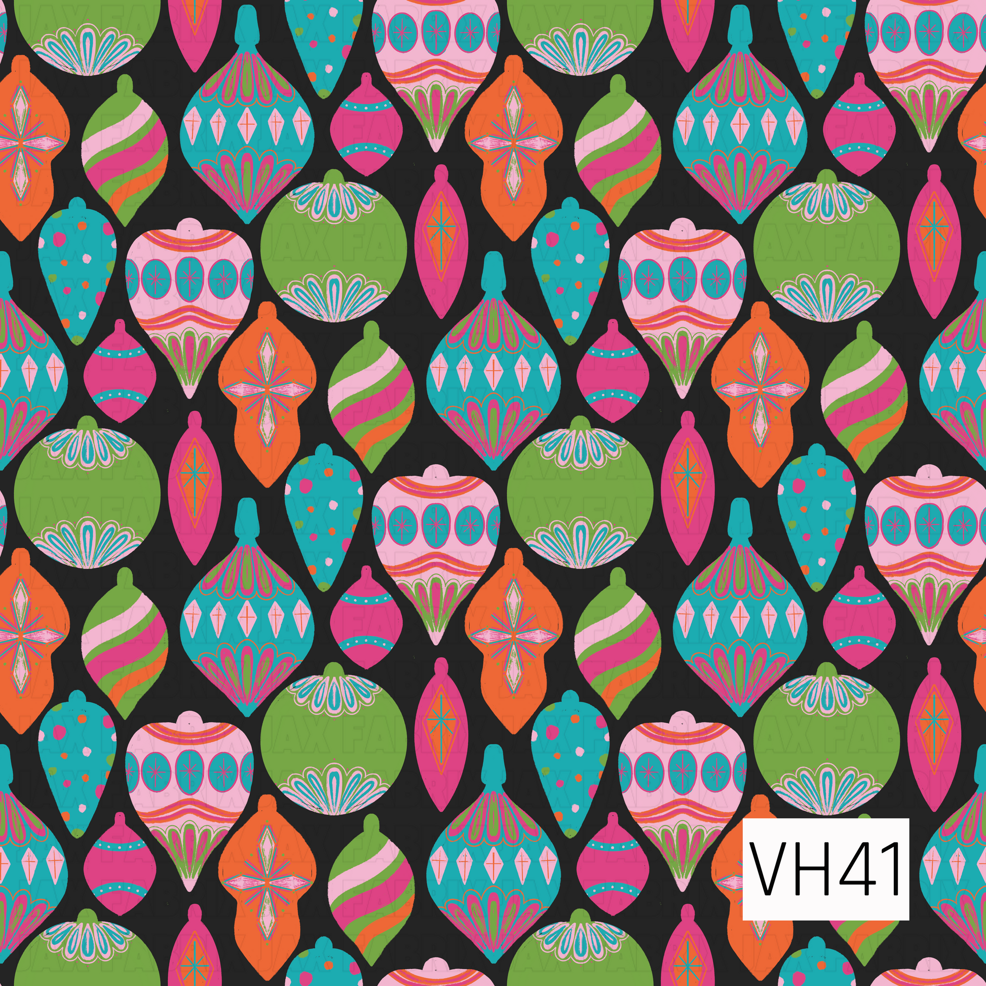 A bold holiday design featuring colorful vintage ornaments in bright pink, teal, green, and orange on a black background.
