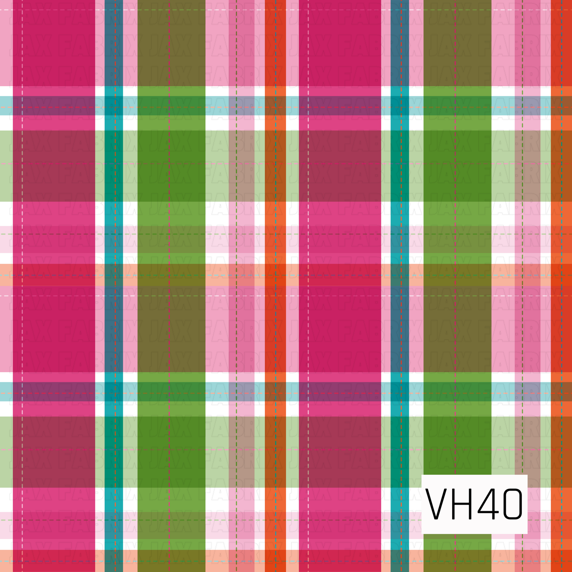 A colorful holiday plaid featuring layered stripes in bright pink, green, teal, orange, and soft blush.
