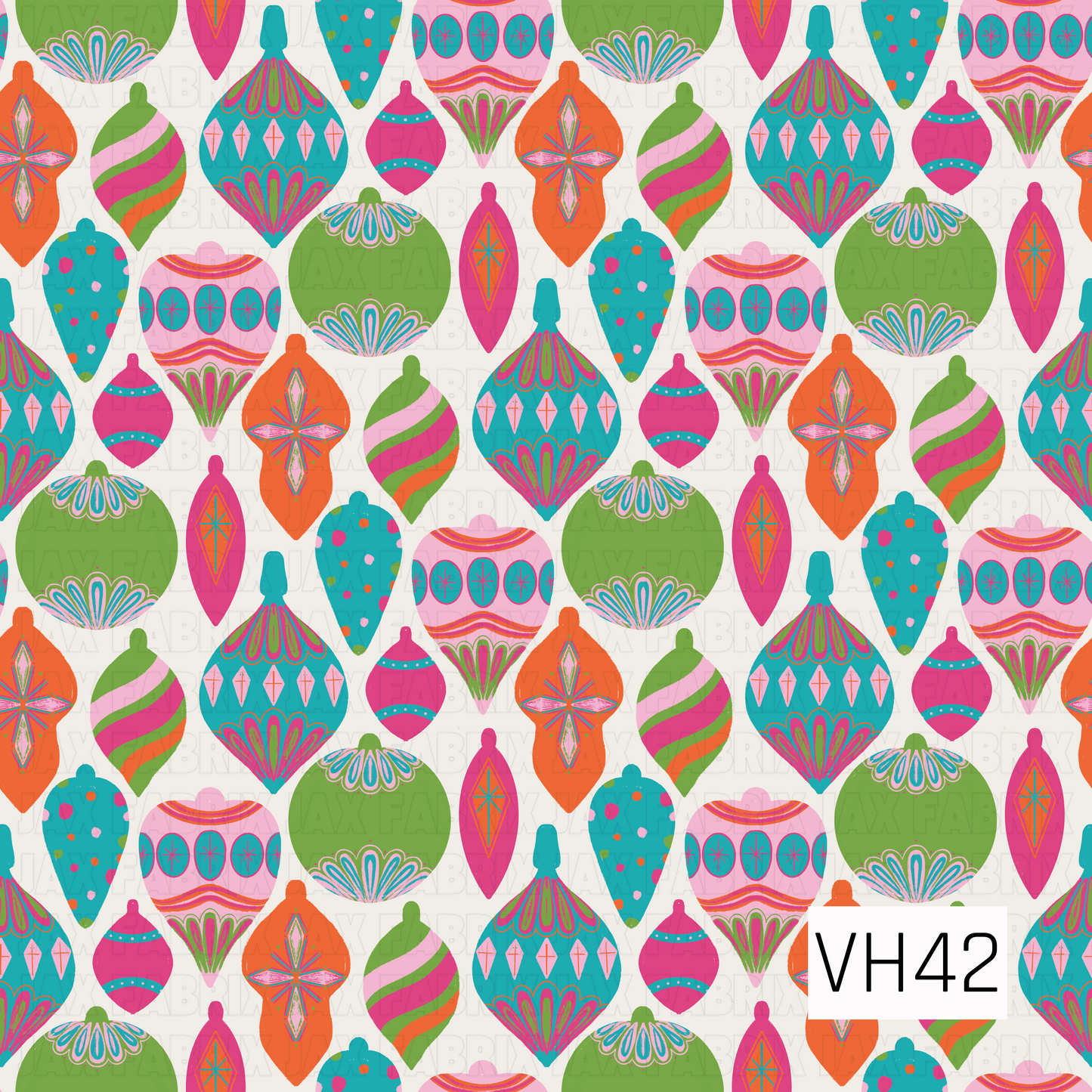 A cheerful holiday design featuring colorful vintage ornaments in bright pink, teal, green, and orange on a crisp white background.
