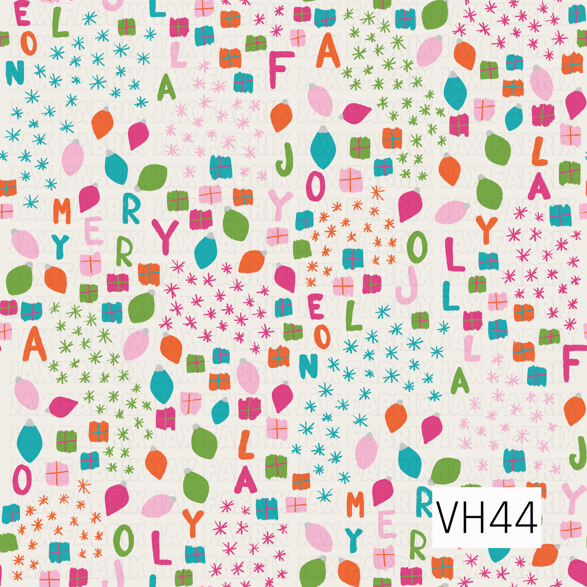 A playful holiday design featuring colorful festive words mixed with ornaments, presents, and starbursts on a soft white background.
