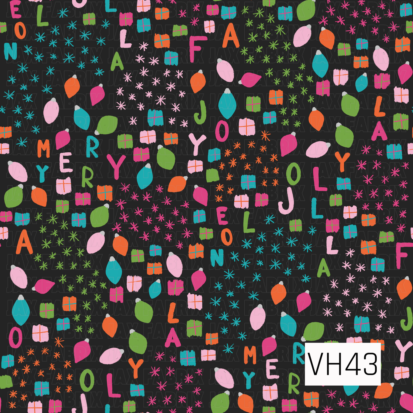 A playful holiday design featuring colorful “Merry,” “Joy,” “Fa La La,” and “Noel” lettering mixed with ornaments, gifts, and starbursts on a black background.
