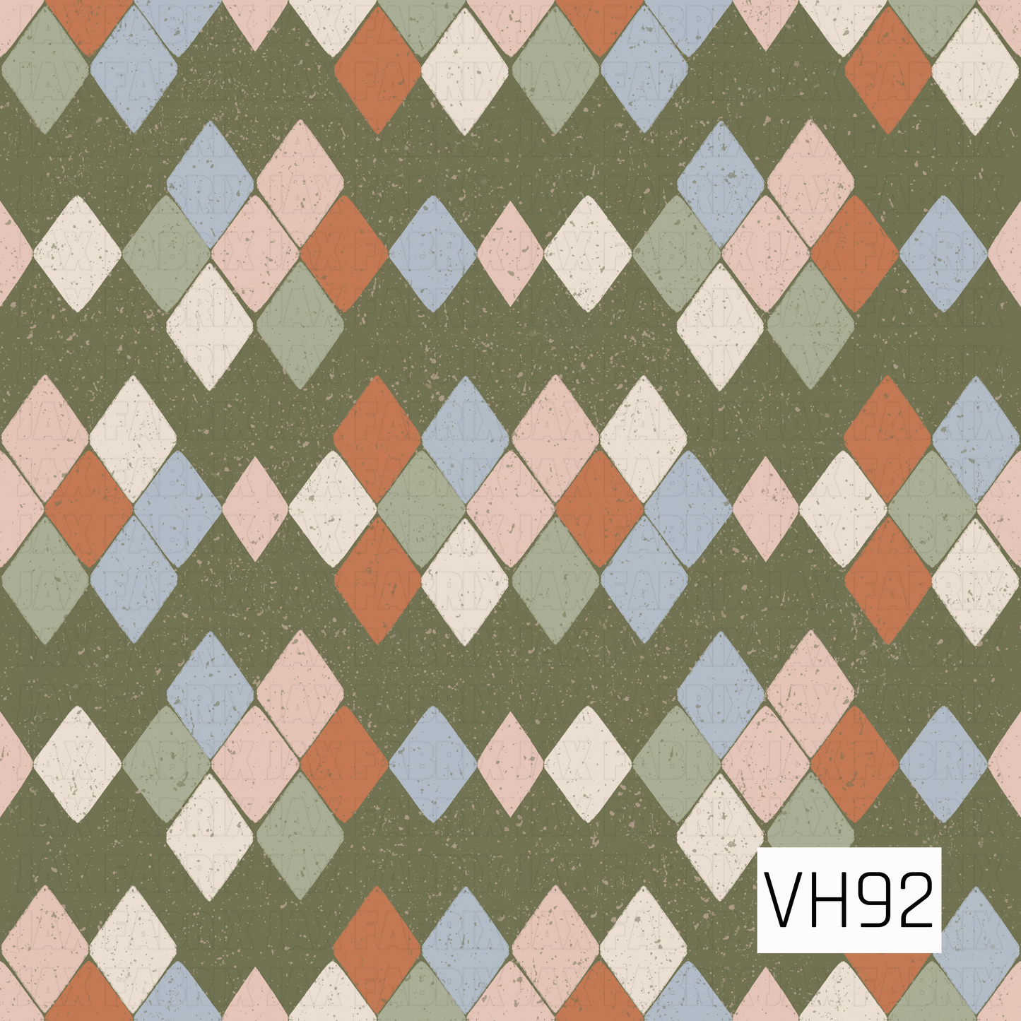 A vintage-inspired argyle pattern featuring softly distressed diamonds in blush pink, dusty blue, sage green, warm rust, and cream. The colorful diamonds are arranged across a muted olive green background with a speckled, worn texture that gives the design a cozy retro feel.
