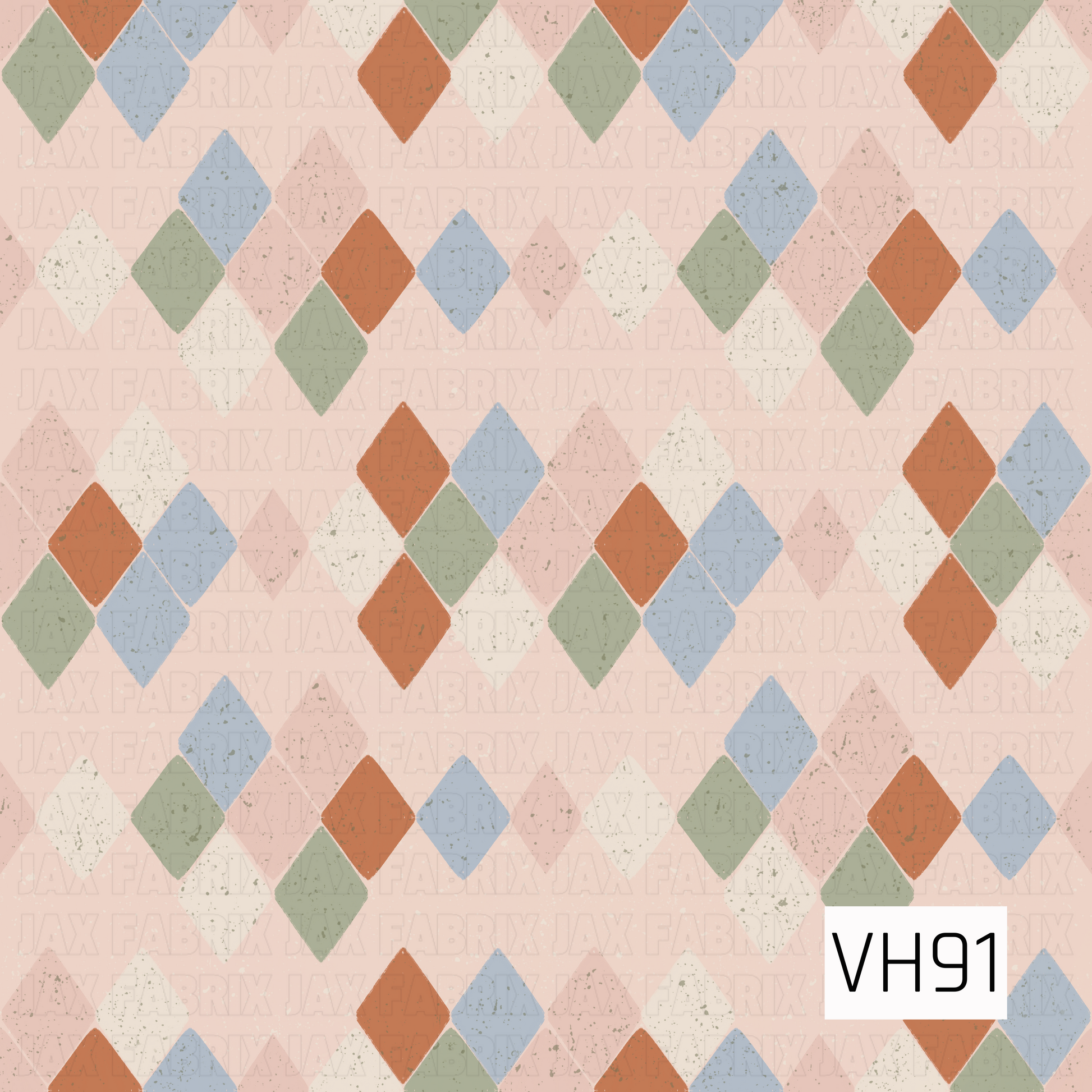 A retro-inspired argyle pattern featuring softly textured diamonds in dusty blue, sage green, warm rust, cream, and blush pink. Set against a pale peachy pink background, the scattered diamond arrangement and subtle distressed speckling give the design a cozy, vintage feel.
