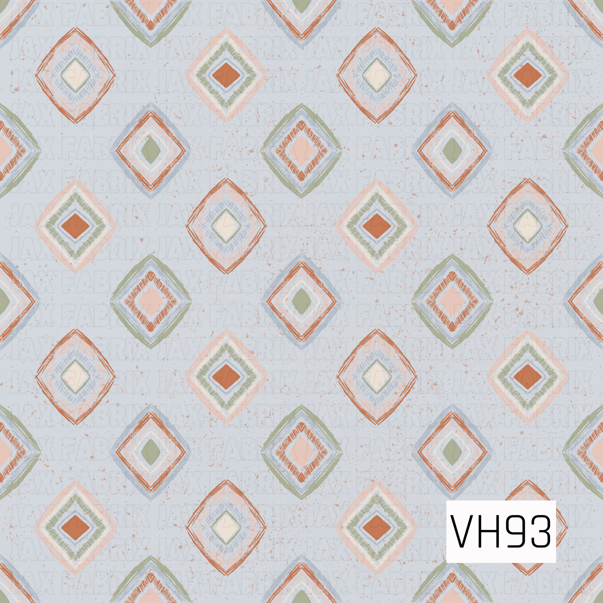 A hand-drawn geometric pattern featuring layered diamond shapes in warm rust, soft peach, sage green, cream, and pale blue. The diamonds have sketchy, textured edges and are scattered across a light blue background with subtle speckled detailing for a playful vintage-inspired look.
