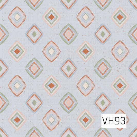 A hand-drawn geometric pattern featuring layered diamond shapes in warm rust, soft peach, sage green, cream, and pale blue. The diamonds have sketchy, textured edges and are scattered across a light blue background with subtle speckled detailing for a playful vintage-inspired look.
