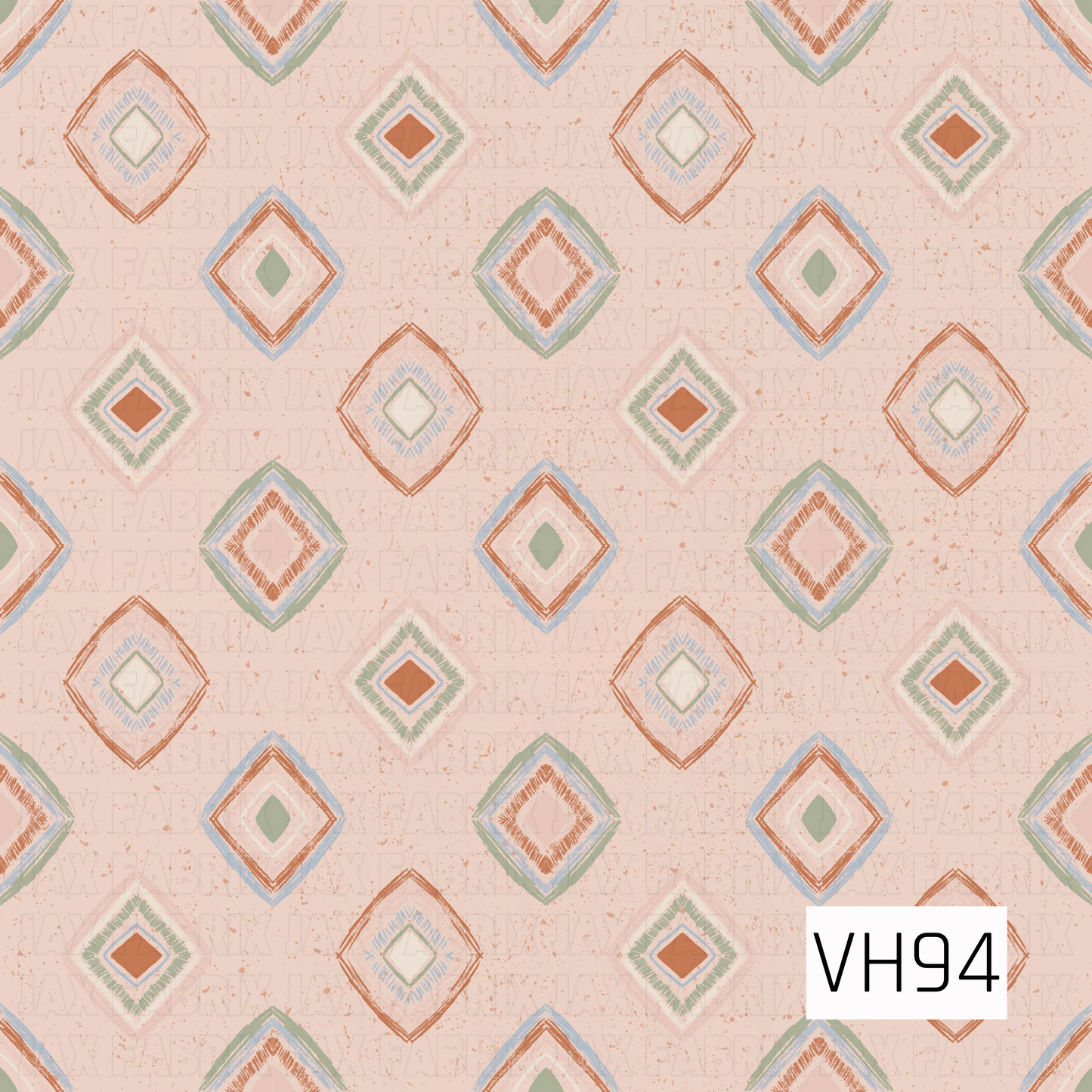 A hand-drawn geometric pattern featuring layered diamond shapes scattered across a soft blush pink background. The diamonds combine warm rust, sage green, pale blue, cream, and dusty pink with sketchy textured lines and subtle speckled details, giving the design a soft vintage, boho-inspired feel.
