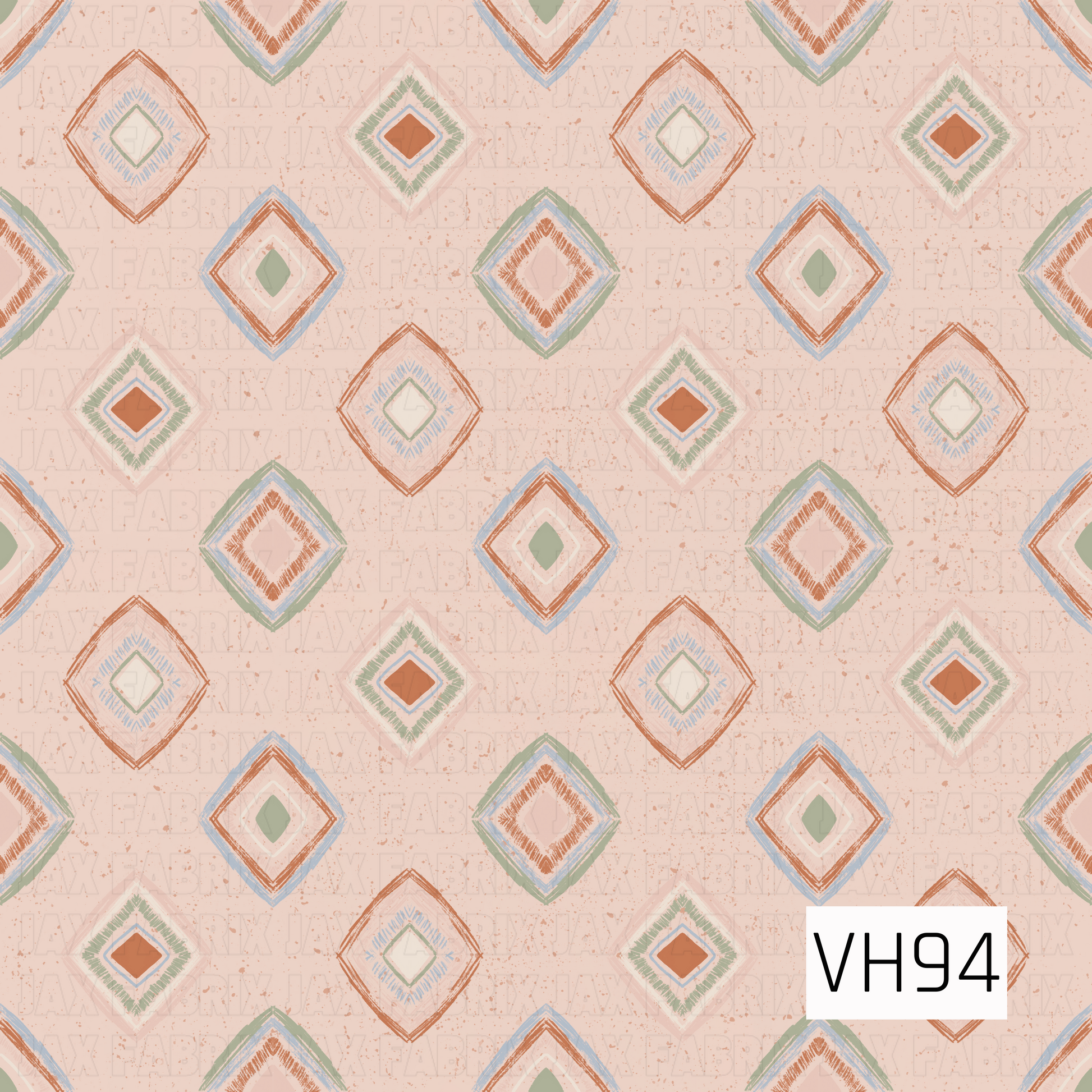 A hand-drawn geometric pattern featuring layered diamond shapes scattered across a soft blush pink background. The diamonds combine warm rust, sage green, pale blue, cream, and dusty pink with sketchy textured lines and subtle speckled details, giving the design a soft vintage, boho-inspired feel.
