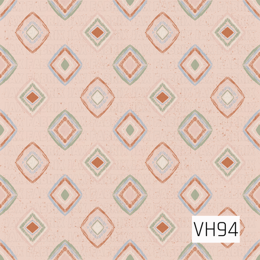 A hand-drawn geometric pattern featuring layered diamond shapes scattered across a soft blush pink background. The diamonds combine warm rust, sage green, pale blue, cream, and dusty pink with sketchy textured lines and subtle speckled details, giving the design a soft vintage, boho-inspired feel.
