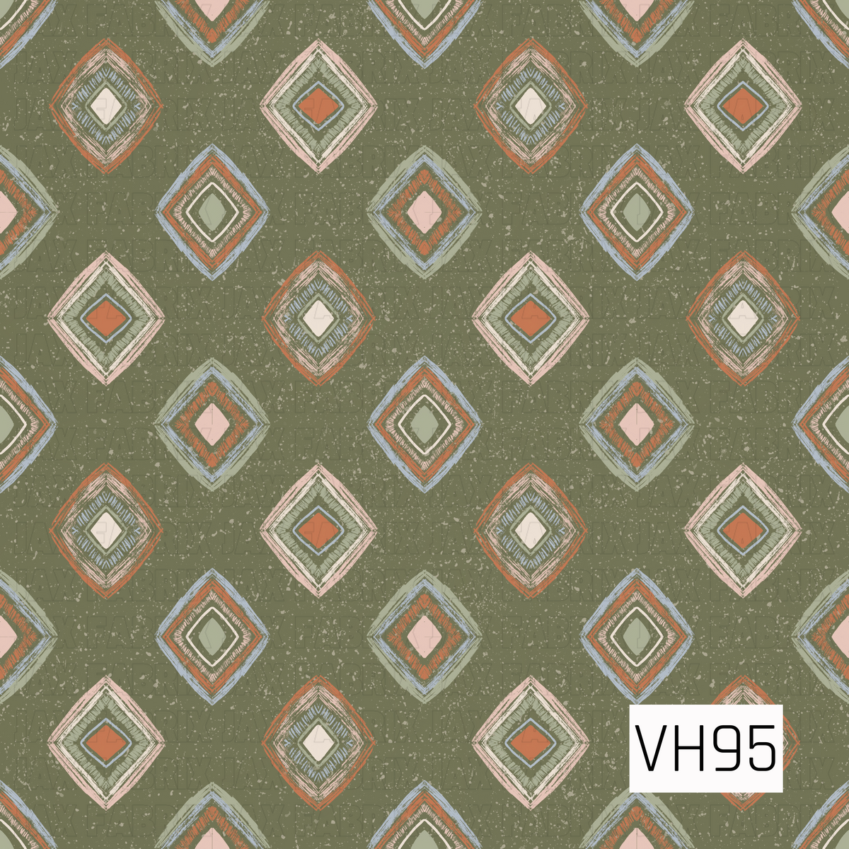 A vintage-inspired geometric pattern featuring layered diamond motifs scattered across a muted olive green background. Each diamond combines soft pink, rust orange, pale blue, sage, and cream with sketchy hand-drawn detailing. A distressed speckled texture throughout gives the design a worn, retro feel.
