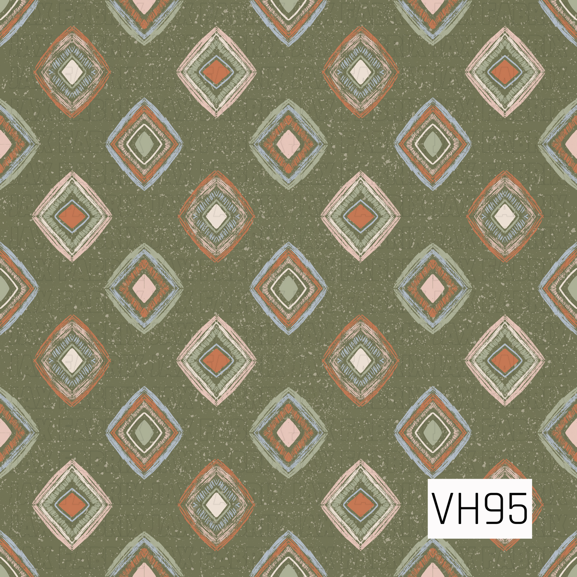 A vintage-inspired geometric pattern featuring layered diamond motifs scattered across a muted olive green background. Each diamond combines soft pink, rust orange, pale blue, sage, and cream with sketchy hand-drawn detailing. A distressed speckled texture throughout gives the design a worn, retro feel.
