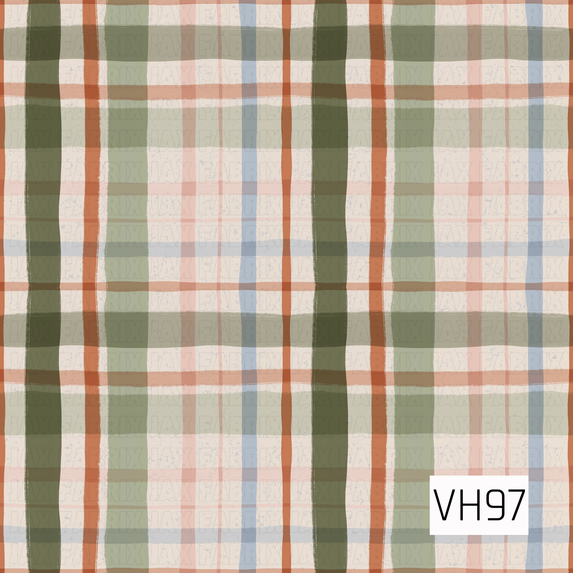 A hand-painted plaid pattern featuring layered stripes in earthy olive green, rust orange, dusty pink, soft blue, sage, and warm cream. The varied stripe widths, slightly uneven edges, and subtle distressed texture give the design a cozy, vintage-inspired look with a relaxed handmade feel.
