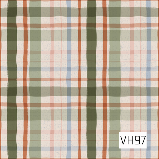 A hand-painted plaid pattern featuring layered stripes in earthy olive green, rust orange, dusty pink, soft blue, sage, and warm cream. The varied stripe widths, slightly uneven edges, and subtle distressed texture give the design a cozy, vintage-inspired look with a relaxed handmade feel.
