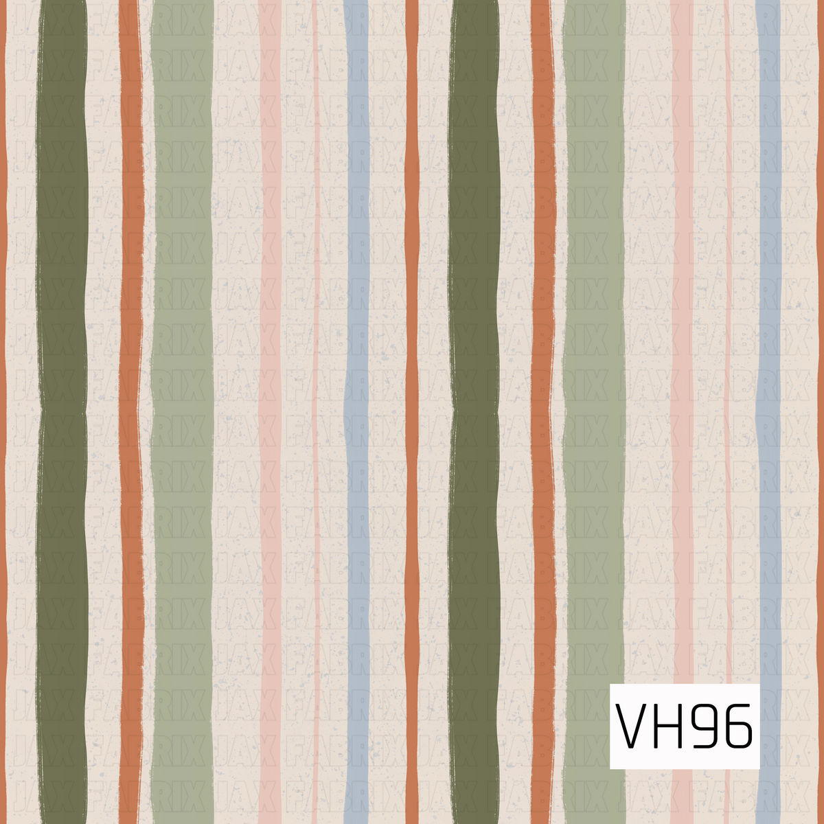 A hand-painted vertical stripe pattern featuring earthy olive green, rust orange, dusty pink, soft blue, and cream tones. The varying stripe widths and slightly imperfect edges give the design a relaxed, organic feel, while subtle distressed speckling adds a soft vintage texture.
