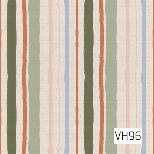 A hand-painted vertical stripe pattern featuring earthy olive green, rust orange, dusty pink, soft blue, and cream tones. The varying stripe widths and slightly imperfect edges give the design a relaxed, organic feel, while subtle distressed speckling adds a soft vintage texture.
