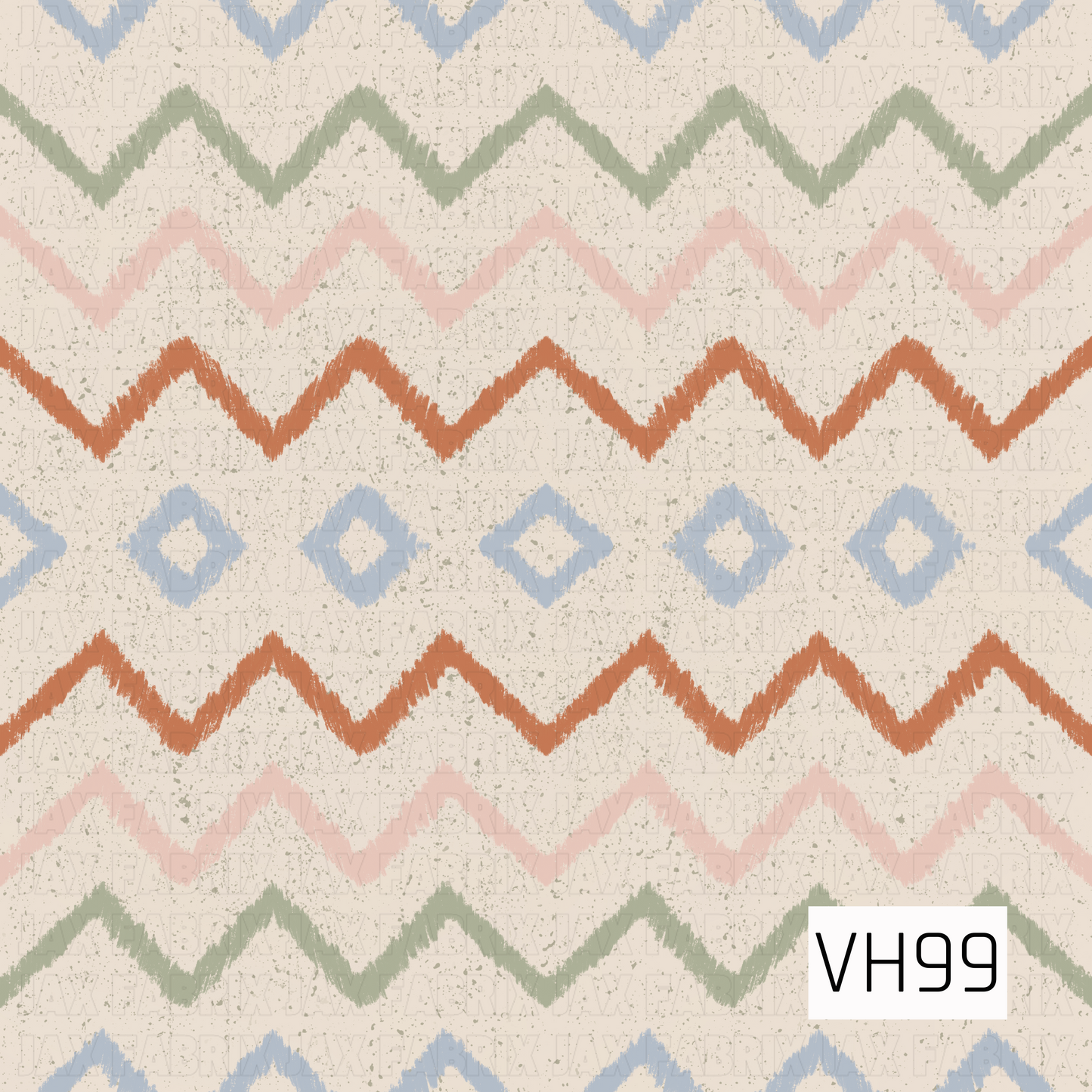 A hand-drawn geometric pattern featuring rows of soft zigzag stripes and diamond accents on a warm cream background. Dusty blue, sage green, blush pink, and burnt orange create an earthy retro palette, while the distressed speckled texture gives the design a rustic, vintage-inspired finish.
