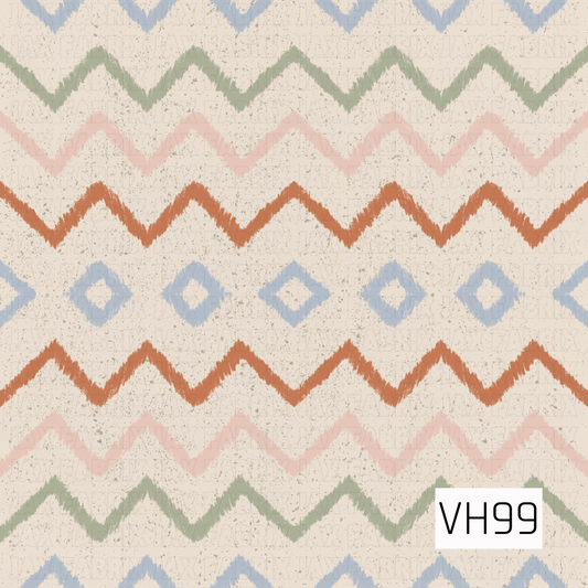 A hand-drawn geometric pattern featuring rows of soft zigzag stripes and diamond accents on a warm cream background. Dusty blue, sage green, blush pink, and burnt orange create an earthy retro palette, while the distressed speckled texture gives the design a rustic, vintage-inspired finish.

