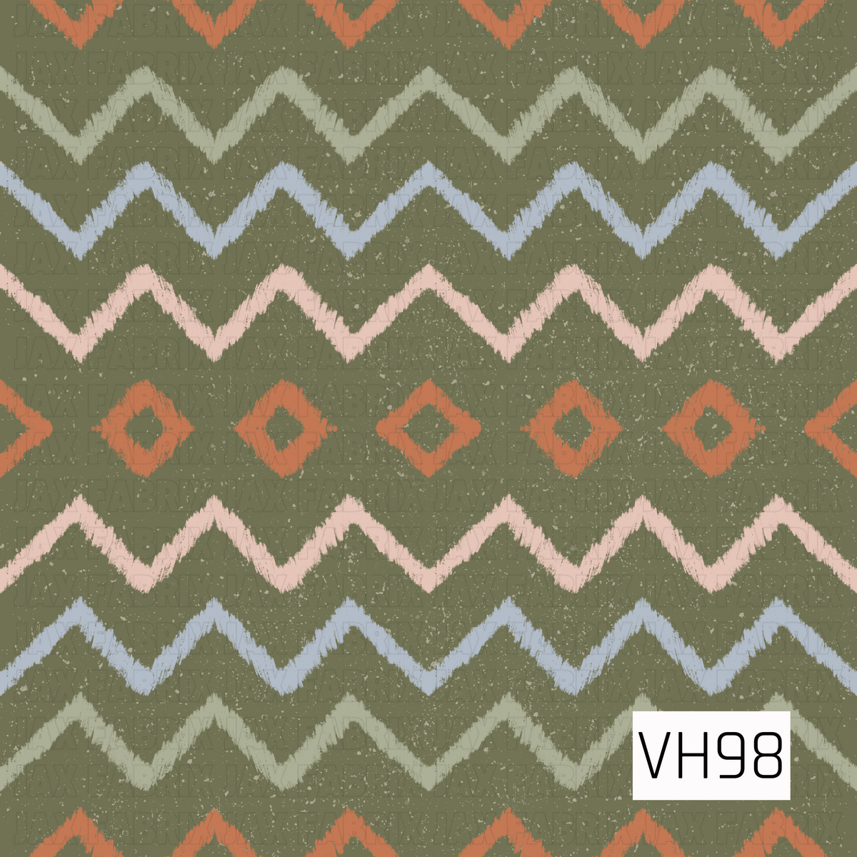 A rustic geometric pattern featuring hand-drawn zigzag stripes and diamond accents across a muted olive green background. Soft pink, dusty blue, sage, and warm rust tones create an earthy, vintage-inspired palette, while the distressed speckled texture adds a worn, handcrafted feel.
