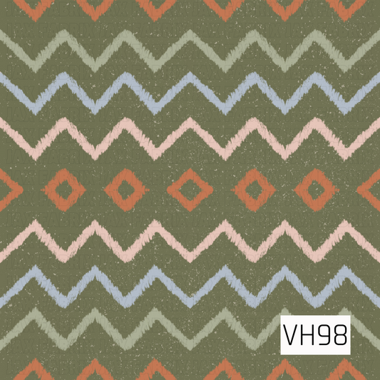 A rustic geometric pattern featuring hand-drawn zigzag stripes and diamond accents across a muted olive green background. Soft pink, dusty blue, sage, and warm rust tones create an earthy, vintage-inspired palette, while the distressed speckled texture adds a worn, handcrafted feel.
