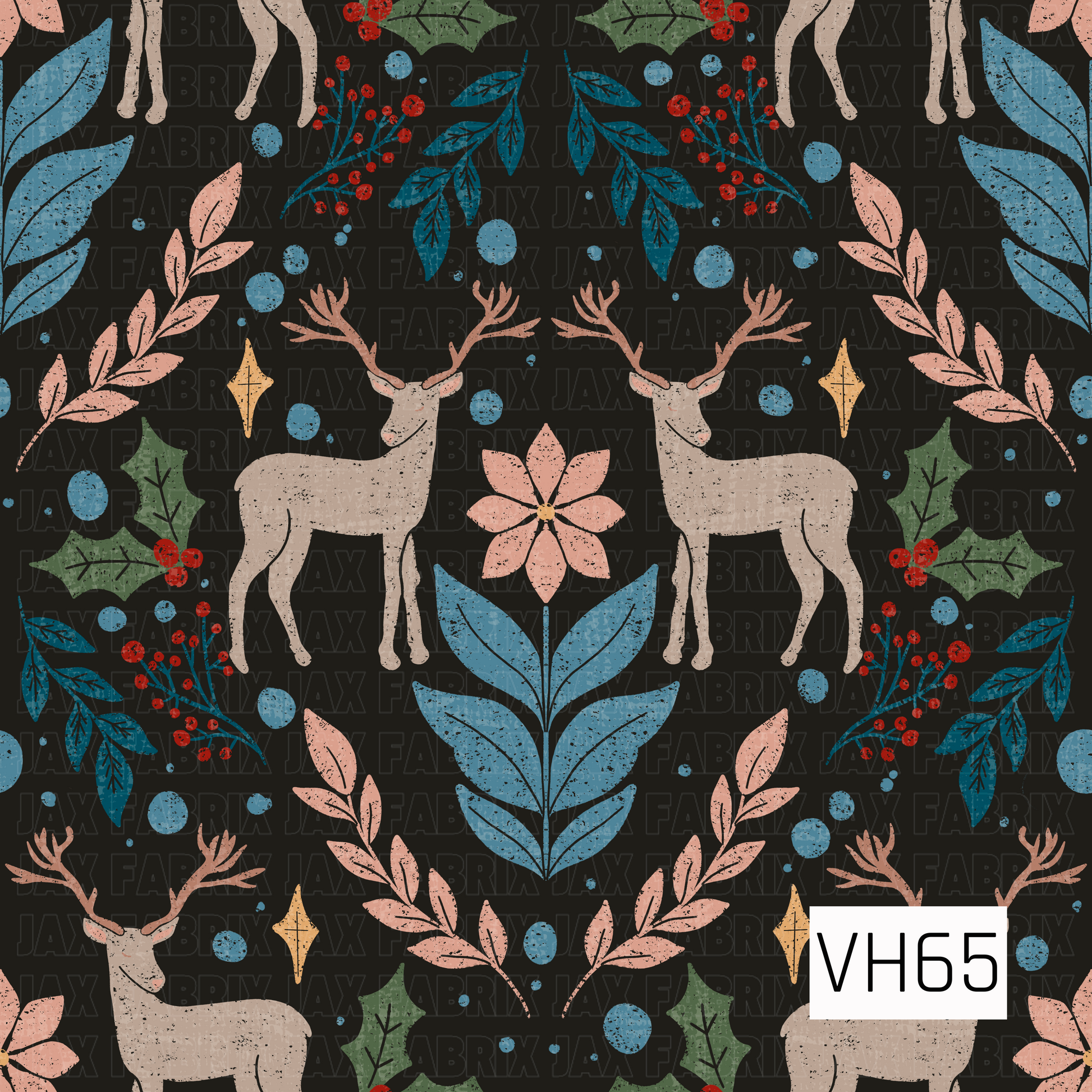 A whimsical folk-art deer pattern on a deep charcoal-black background. Cream-colored reindeer with branching antlers are surrounded by oversized dusty blue and blush foliage, deep teal botanical sprigs, bright red berry clusters, muted green holly leaves, peach poinsettia-style flowers, and small golden star accents. Scattered blue dots add playful detail throughout, while the distressed, speckled texture gives the entire design a rustic, vintage hand-printed feel.
