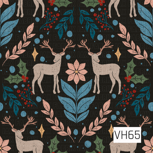 A whimsical folk-art deer pattern on a deep charcoal-black background. Cream-colored reindeer with branching antlers are surrounded by oversized dusty blue and blush foliage, deep teal botanical sprigs, bright red berry clusters, muted green holly leaves, peach poinsettia-style flowers, and small golden star accents. Scattered blue dots add playful detail throughout, while the distressed, speckled texture gives the entire design a rustic, vintage hand-printed feel.
