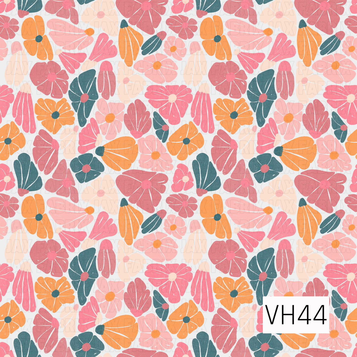 A lively retro floral print filled with whimsical, hand-drawn blooms in vibrant coral, rosy pink, soft blush, peachy orange, and deep teal. The densely scattered flowers feature playful abstract shapes and a lightly distressed texture, creating a cheerful vintage-inspired look with a bold mid-century feel.
