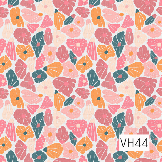 A lively retro floral print filled with whimsical, hand-drawn blooms in vibrant coral, rosy pink, soft blush, peachy orange, and deep teal. The densely scattered flowers feature playful abstract shapes and a lightly distressed texture, creating a cheerful vintage-inspired look with a bold mid-century feel.
