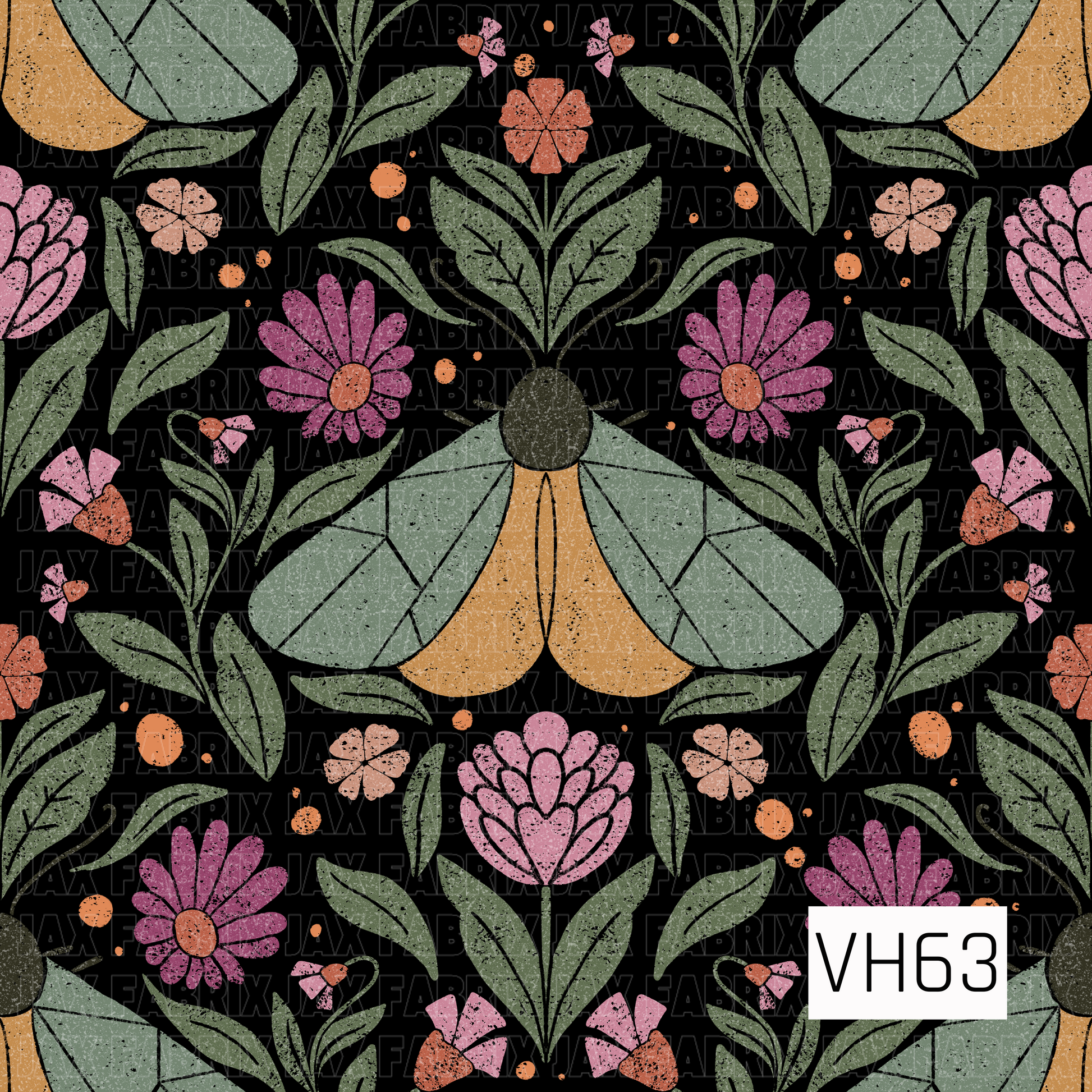 A dramatic folk-inspired moth print featuring oversized stylized moths surrounded by blooming florals, leafy stems, and petite botanical accents. Soft sage green, mustard gold, dusty pink, plum, terracotta, and peach pop against a rich black background, while the distressed, speckled texture gives the design a bold vintage, hand-printed feel.
