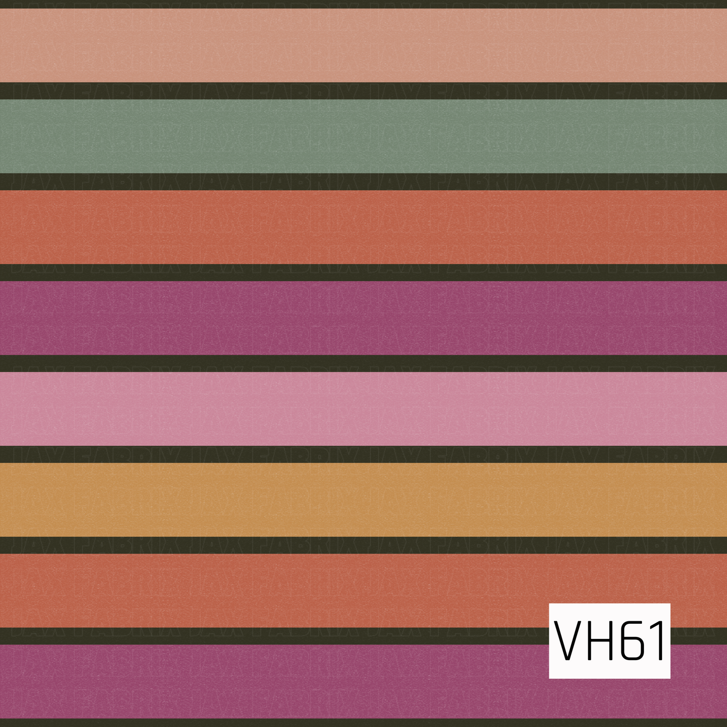 A bold retro stripe featuring wide horizontal bands in dusty peach, muted aqua, burnt coral, berry pink, soft rose, and warm golden mustard. Deep olive-green accents separate each color, while a subtle distressed texture gives the design a vintage, slightly worn finish.
